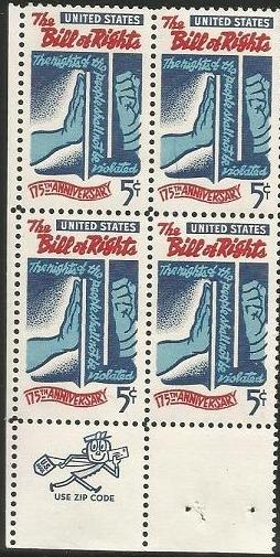 Scott #1312 MNH Bill of Rights 175 years Mr. Zip Block of 4