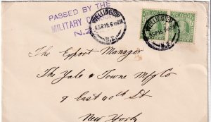 NEW ZEALAND PASSED BY MILITARY CENSOR-1915 SON WELLINGTON,TO NEW YORK COVER 1915