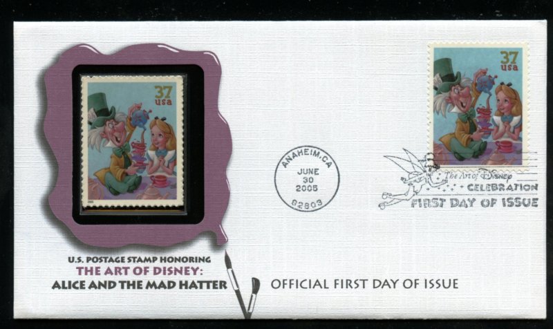 US 3913 Art of Disney, Mad Hatter & Alice UA Fleetwood cachet FDC with back text