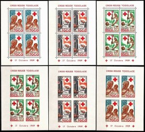 TOGO 1959 Red Cross. Medicin. Complete 6 Souvenir Sheets - Perf and Imperf, MNH