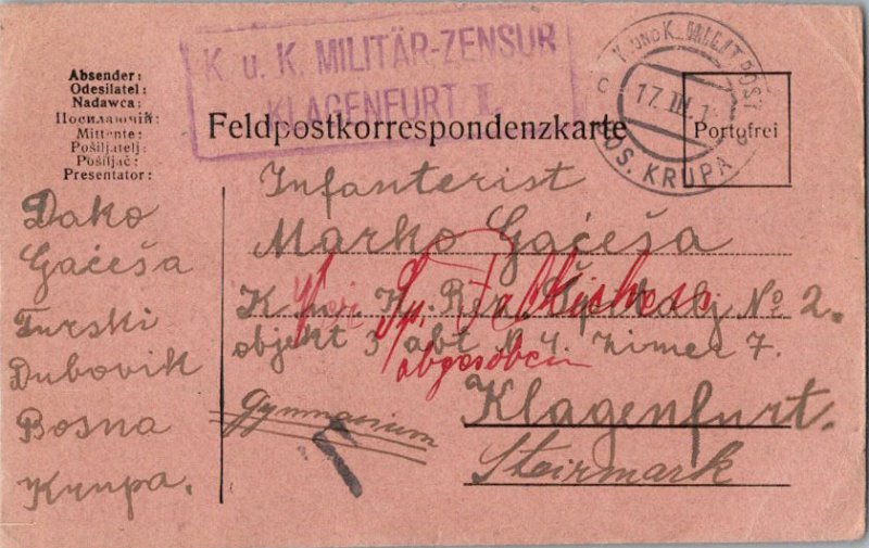 Yugoslavia Free Military Mail 1916 K.u.K. Milit. Post, Bos. Krupa  [Bosnia] F...