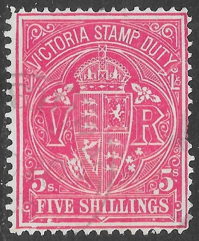 Victoria Scott AR43 Used 5/- carmine rose Postal Fiscal issue of 1879