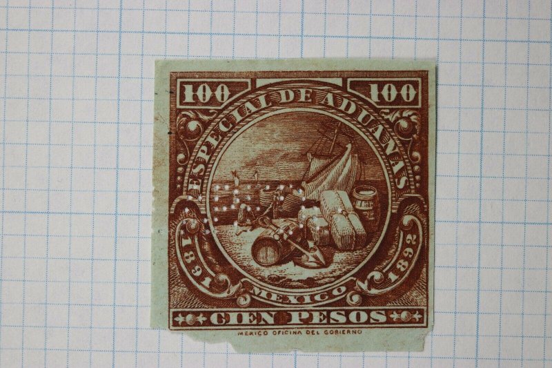 Mexico Revenue timbre fiscal 100p pesos 1891 1892 Special Customs import stamp