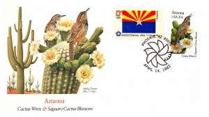 United States, Arizona, First Day Cover, Birds, Flowers, Flags