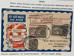 1932 Karachi India First Flight Airmail Cover FFC to Ahmedabad TATA Airways