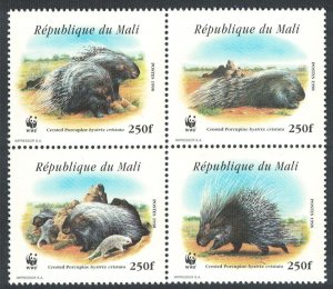 Mali WWF Crested Porcupine 4v in block 2*2 1998 MNH SC#918 a-d MI#1974-1977