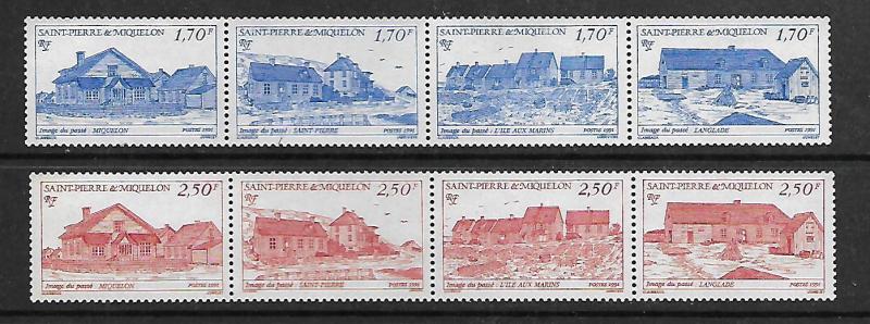 ST PIERRE & MIQUELON 564a, 568a MNH SCENIC VIEWS, 2 STRIPS OF 4