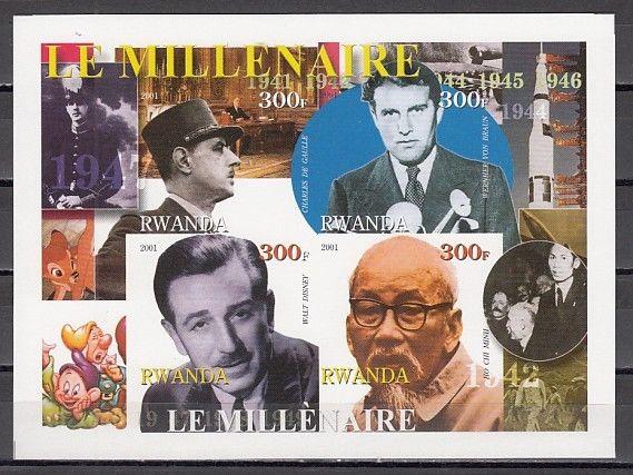 Rwanda, 2001 Cinderella issue. 40`s sheet. Disney, Von Braun, De Gaulle. IMPERF