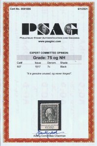 GENUINE SCOTT #507 F-VF MINT OG NH PSAG CERT 1917 BLACK PERF-11 PLATE #10302