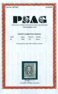 EDW1949SELL : USA 1868 Scott #98 Used. Sound stamp. PSAG Certificate Cat $325.00