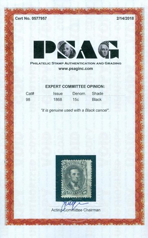 EDW1949SELL : USA 1868 Scott #98 Used. Sound stamp. PSAG Certificate Cat $325.00