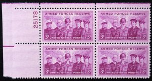 U.S. Mint Stamp Scott #1067 3c Armed Forces Reserve Plate # Block, Superb. NH.