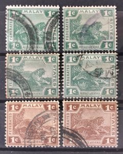 Malaya Federated Malay States FMS 1906-19 Tigers 1c Varieties/Shades Used MCCA