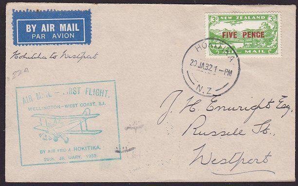 NEW ZEALAND 1932 West Coast survey flight cover Hokitika to Wellington......2373