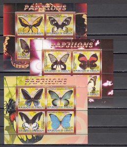 Djibouti, 2008 issue. Butterflies on 3 sheets of 4. ^