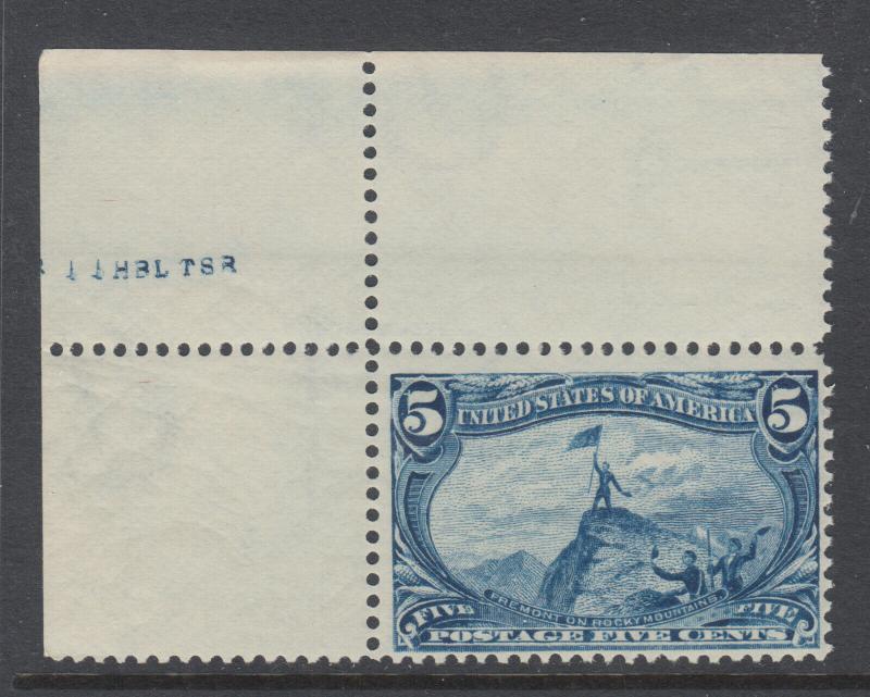 US Sc 288 MNH. 1898 5c dull blue Trans-Mississippi, choice sheet corner single