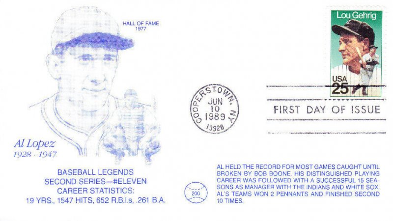 DBC Cachet Al Lopez HOF 1st Day #2417 Lou Gehrig Baseball 1989