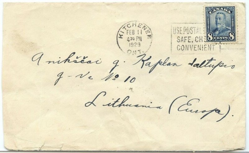 RARE 8 cent single use Scroll >> LITHUANIA << 1929 SLOGAN cover VF stamp Canada