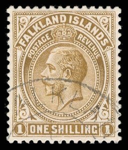 Falkland Islands 1920 KGV 1s brown-deep brown, thick grey paper, VFU. SG 65b.