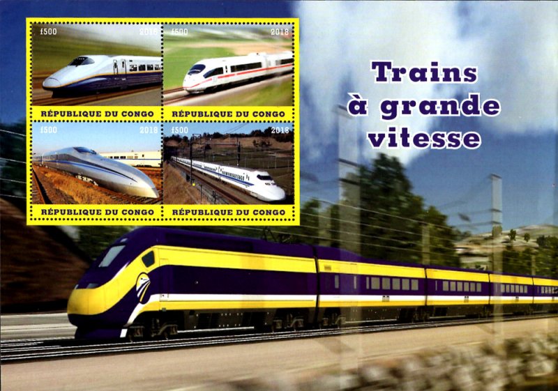 Congo 2018 High Speed Trains Railways 4v MNH S/S, Size:8.5x6. (L-169)