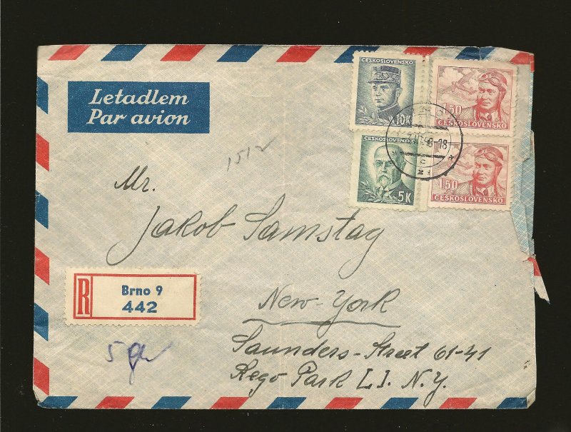 Czechoslovakia C19 Pair & 298 & 300 PM 1948 Registered Airmail Cover to USA Used