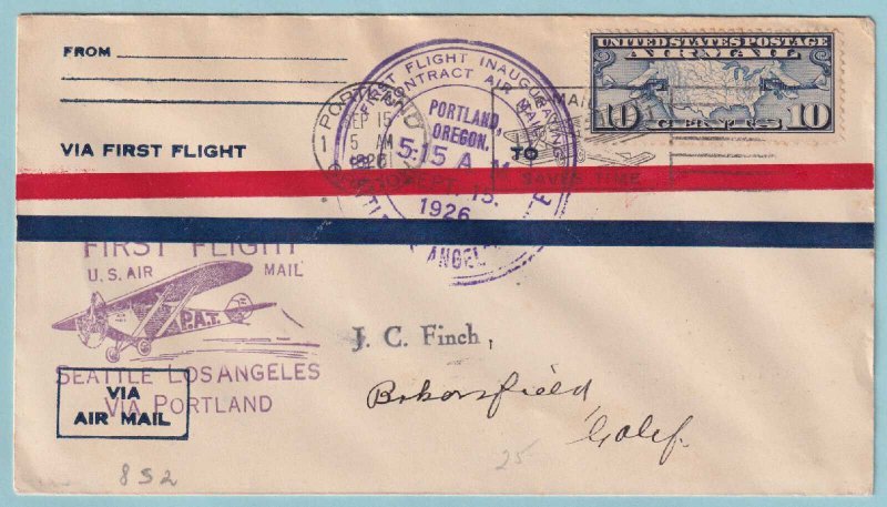 UNITED STATES FIRST FLIGHT COVER - 1926 SEATTLE TO L.A. VIA PORTLAND OR - CV315