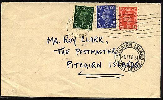PITCAIRN 1951 incoming cover from GB with arrival cds