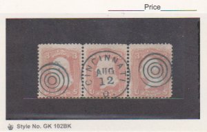  Scott # 65 Cincinnati O.Town Date 2 Target CXL Strip of 3 Fancy Cancel 3 Cent  