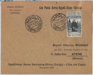 ITALY - POSTAL HISTORY - AVIATION: First Flight  COVER: ZURIG/ CAPE TOWN 1926