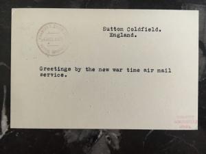 1939 Sutton Coldfield England to Belgium First Wartime airmail Postcard Cover