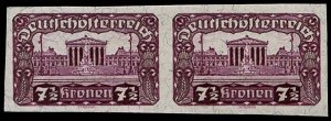 Austria #224, 1919 7 1/2k plum, imperf. horizontal pair, never hinged