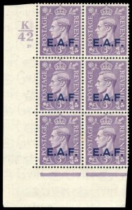 BOFIC - 1943 KGVI 3d pale violet MLH corner Control K42 Cylinder 21 block. SG S4