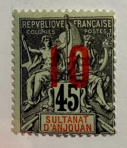 Sultanat d' Anjouan 1912 Scott 27 MH - 10 on 45c,  Navigation and Commerce