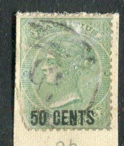 MAURITIUS; 1878 early classic QV Crown CC surcharged issue used 50c. Flaws