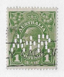 Australia Sc #23 1p green with doubling of A + R perfin  used VF