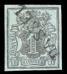 German States, Hanover #1 Cat$50, 1850 1g black on gray blue, used, signed Diena