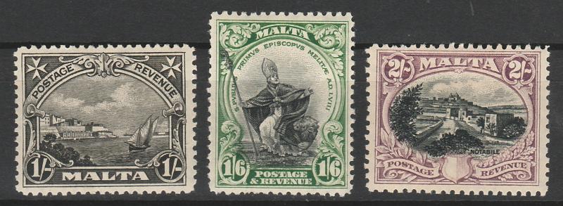 MALTA 1930 PICTORIAL 1/- 1/6 AND 2/- INSCRIBED POSTAGE & REVENUE