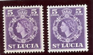 St Lucia 1954 QEII 5c in both listed shades superb MNH. SG 176, 176a.