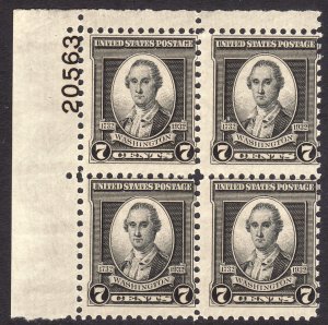 1932 U.S George Washington plate number block 7¢ issue MNH Sc# 712 CV $8.50