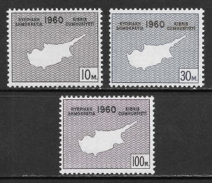 Cyprus Scott 198-200 MNHOG - 1960 Map of Cyprus/Independence - SCV $3.45