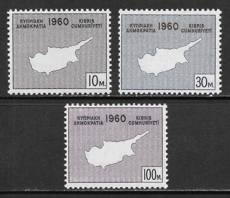 Cyprus Scott 198-200 MNHOG - 1960 Map of Cyprus/Independence - SCV $3.45