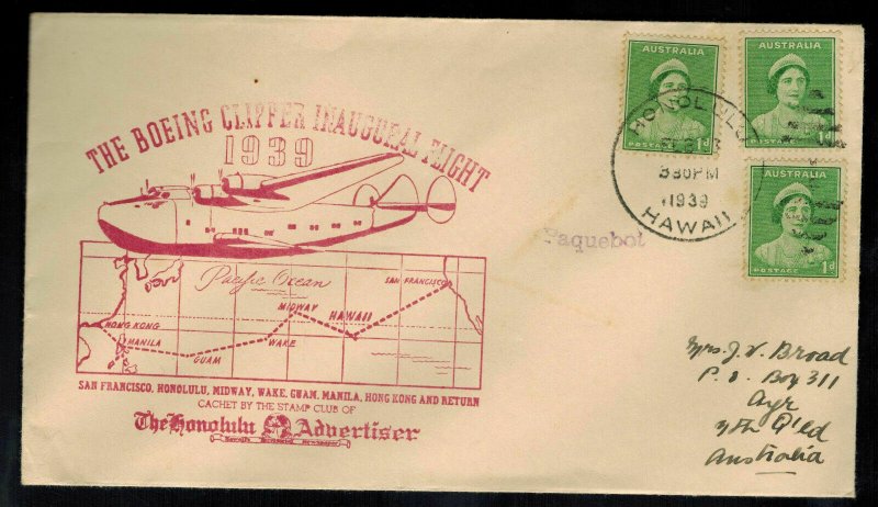 1939 Australia First Flight Cover Hawaii Boeing Clipper Honolulu Advertiser Club