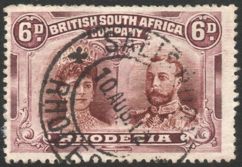 RHODESIA-1910-13 6d Brown & Purple Sg 145 AVERAGE USED V43862