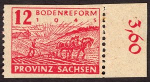1946, Germany, East Saxony 12pf, stamp MNH, hinged on bourder, Mi 86waC