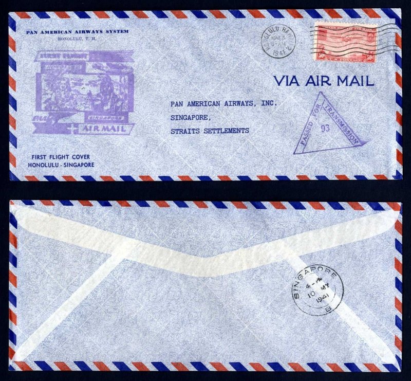 C22 Censored First Flight Fam 14 Honolulu To Singapore 5 5 1941 United States Air Mail