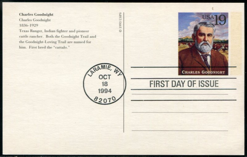 UX178-UX197 US 19c Legends of the West PC, FDC set of 20