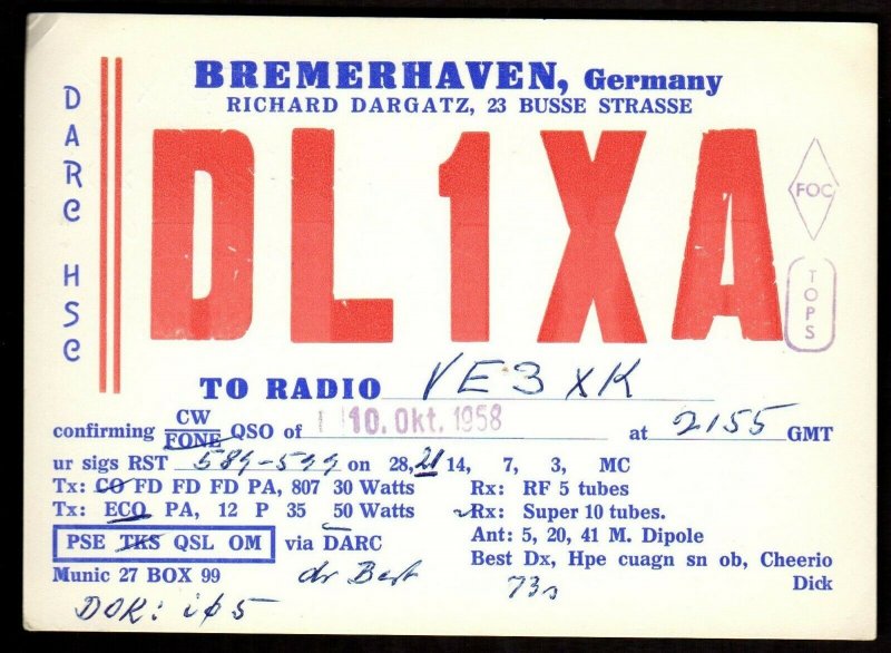 QSL QSO Radio Card DL1XA,Richard Dargatz, Bremerhaven, Germany (Q3431)