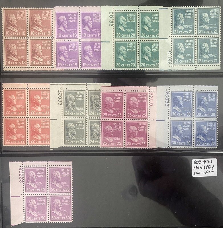 US Stamps-SC# 803 - 831 - MNH - Plate Blocks - CV $160.65