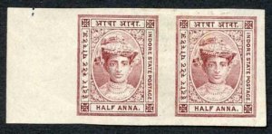 Indore SG10b 1/2a IMPERF PAIR (sheet wmk) No Gum 