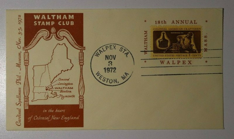 WALPEX Colonial New England Weston MA 1972 Philatelic Expo Cachet Cover 